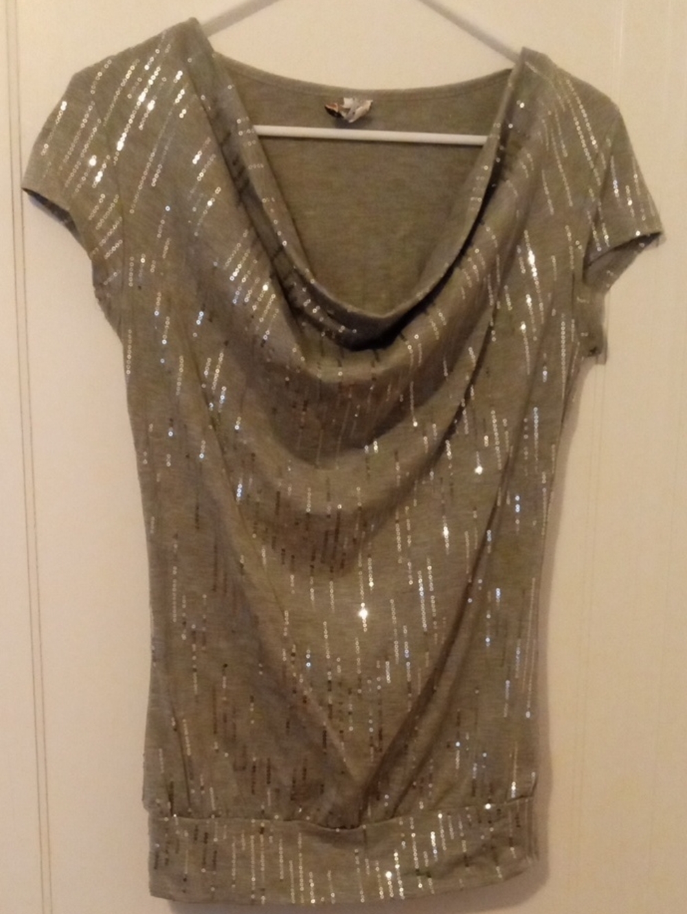 Sequin Drape Neck Cap Sleeve Top - gray silver, large